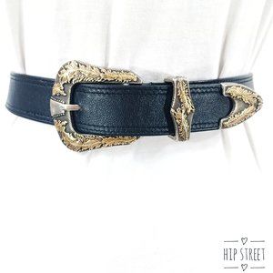 SUZI ROHER Leaf Embossed Heavy Metal Buckle Leather Belt Medium Plus